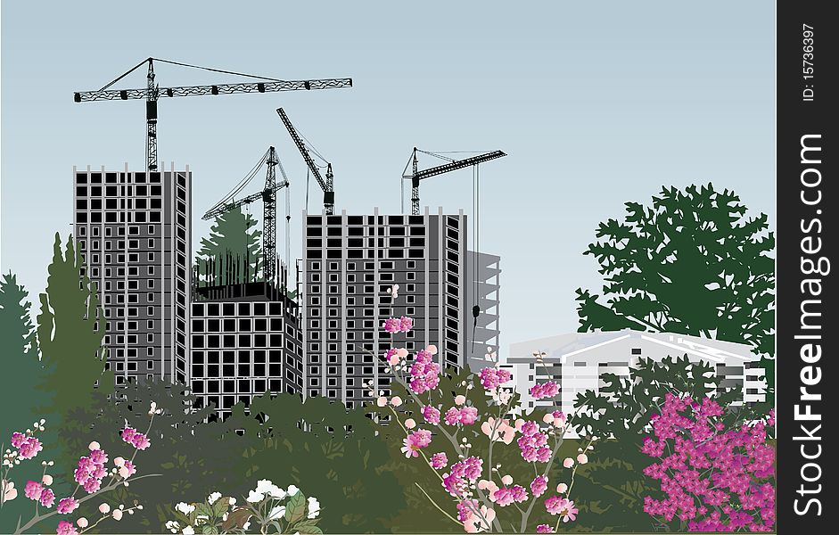 Illustration with house building and flowers. Illustration with house building and flowers