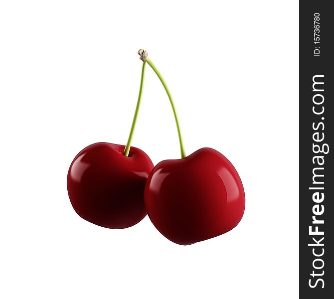 Two cherries on white background