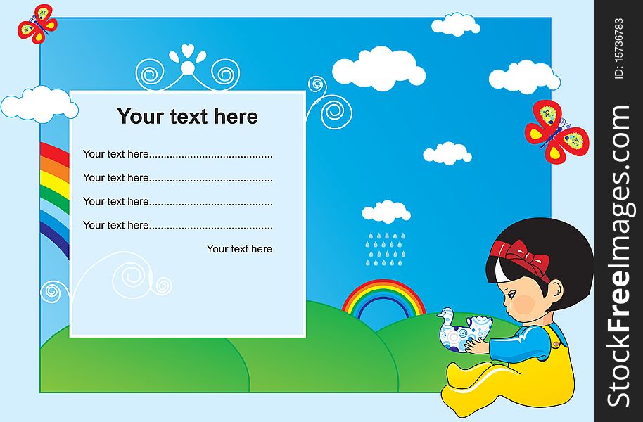 Vector drawing children's postcards, posters or form for congratulations, depicting a small child, clouds, butterflies and rainbows. Vector drawing children's postcards, posters or form for congratulations, depicting a small child, clouds, butterflies and rainbows.