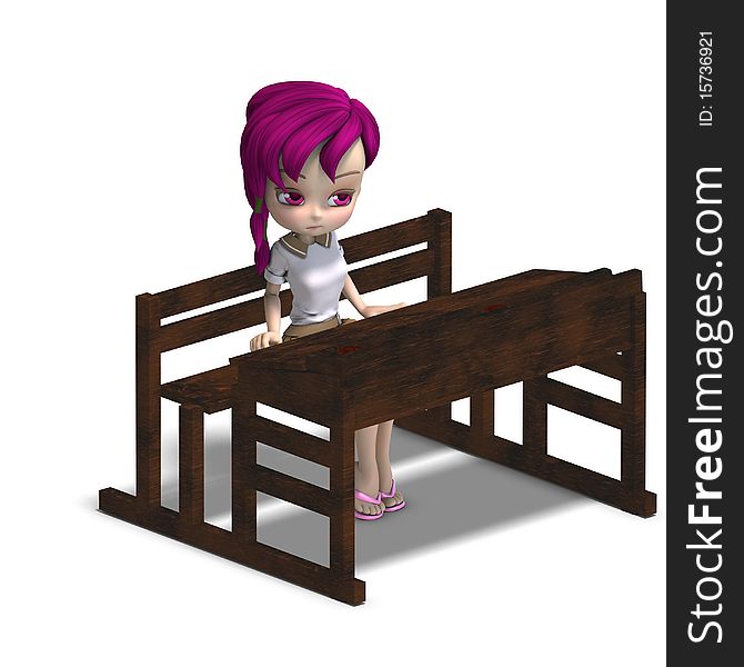 Cute little cartoon school girl sitting on a school form. 3D rendering with clipping path and shadow over white