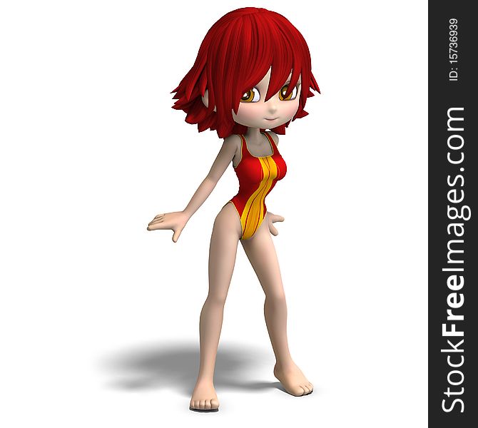 Beautiful cartoon girl in a onepiece swimsuit. 3D rendering with clipping path and shadow over white