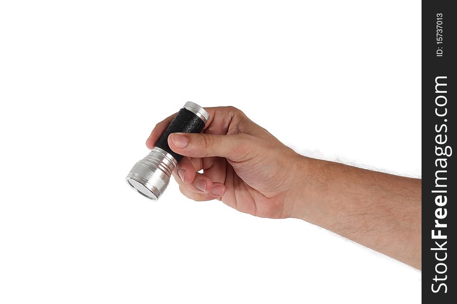 Flashlight in hand on a white background