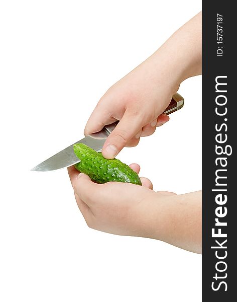 Sliced Cucumber In Hand With Knife