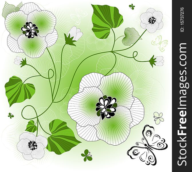 Gentle white-green floral background with flowers butterflies