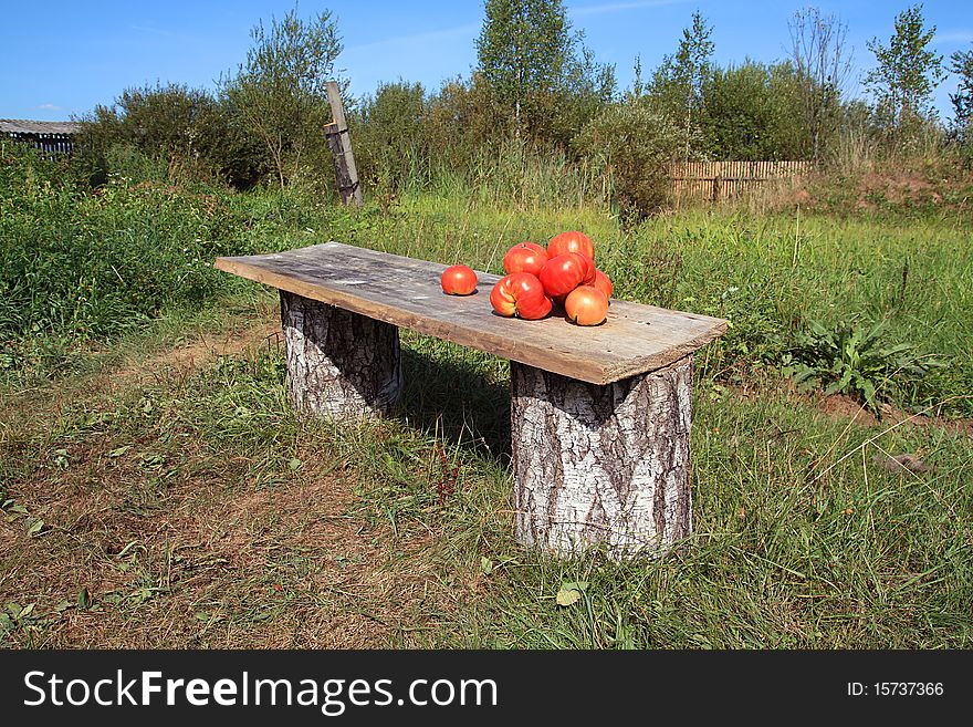 Ripe tomatoes on wooden bench