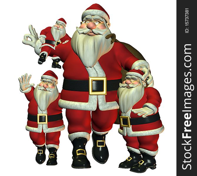 3d rendering of several Santa Claus of different size and poses as illustration. 3d rendering of several Santa Claus of different size and poses as illustration