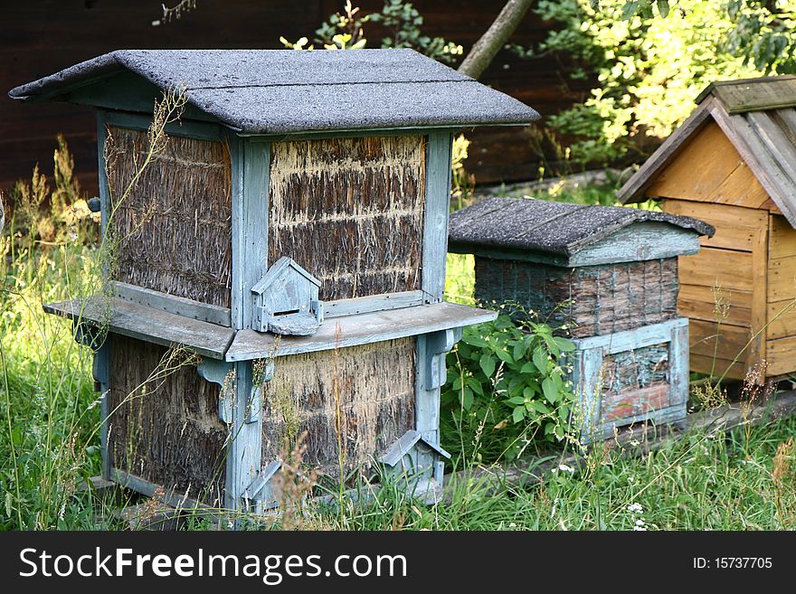 Antique beehives on a heritage park, Europe