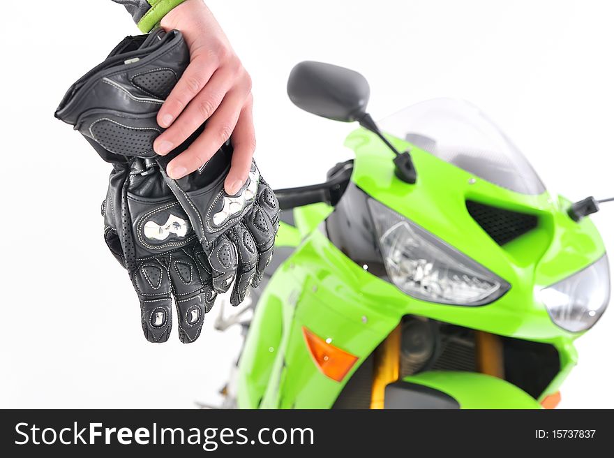 Motorcyclist gloves against white isolated in studio