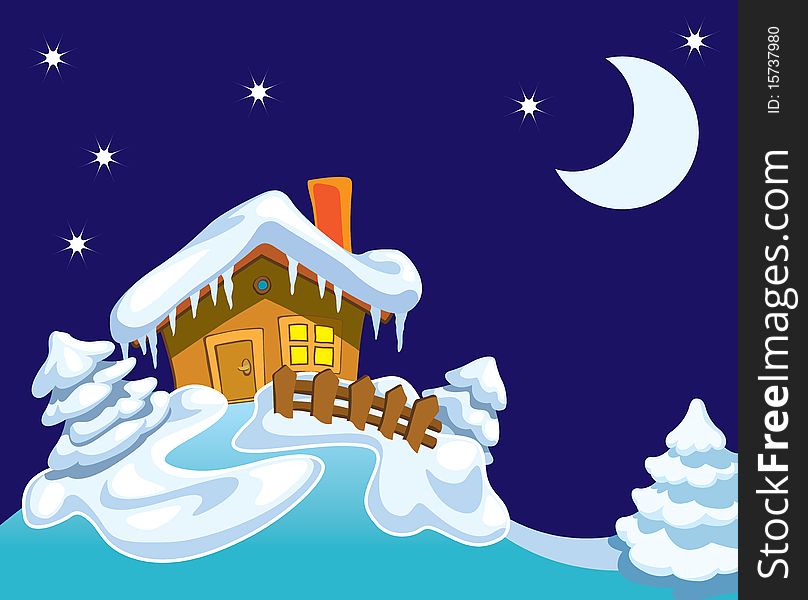 North Pole, Santa Claus house and winter background with night, stars and moon. North Pole, Santa Claus house and winter background with night, stars and moon.