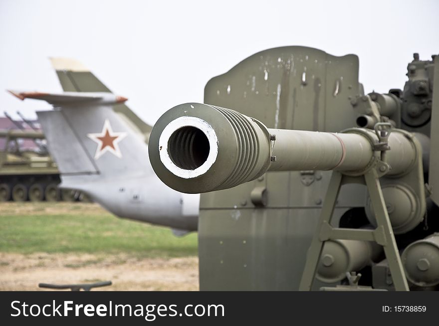 Barrel of the gun. Heavy armored weapons. Military equipment.