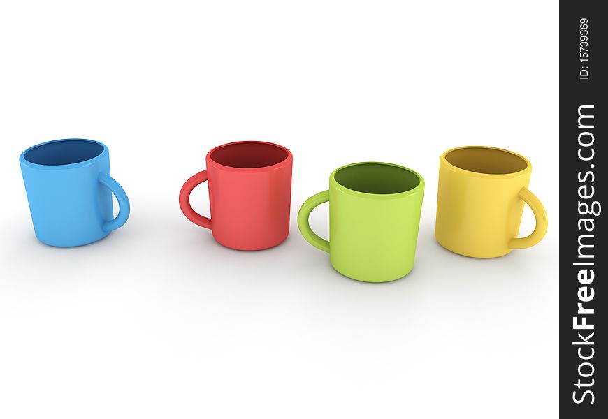 Colored mugs isolated on white background. High quality 3d render.