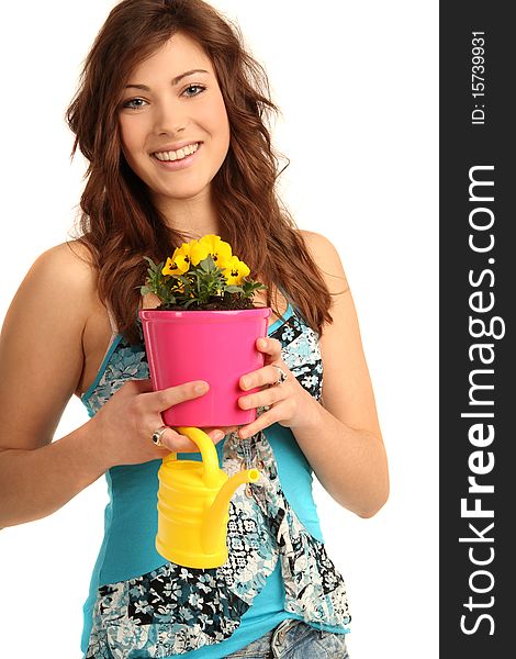 Beautiful young girl with yellow flowers. Beautiful young girl with yellow flowers