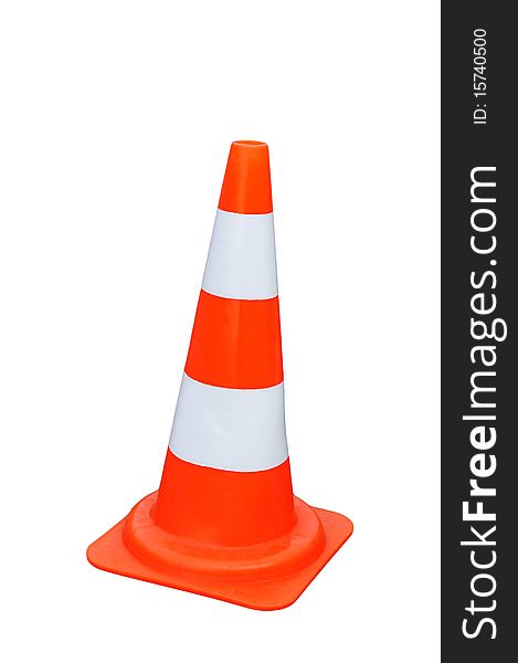 Red and white striated traffic cone on white background, isolated. Red and white striated traffic cone on white background, isolated