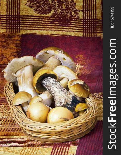 Basket with mushrooms and onions on colorful background