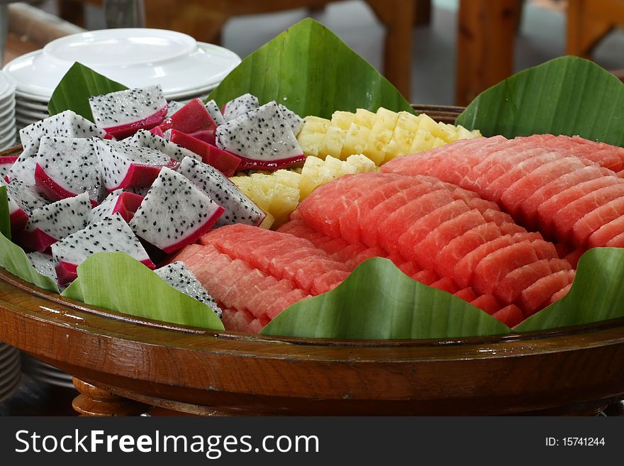 Dragon-fruit, watermelon and pineapple were put together for eating after meal