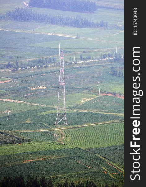 Aerial view of fields and woods.