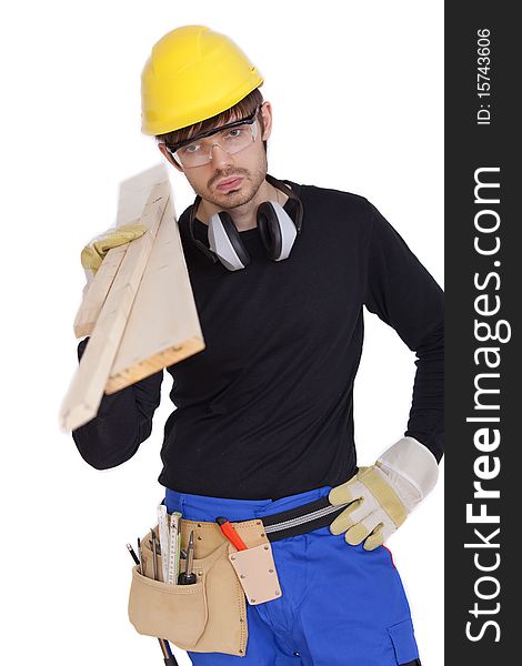 Tired construction worker carrying wood - isolated on white. Tired construction worker carrying wood - isolated on white