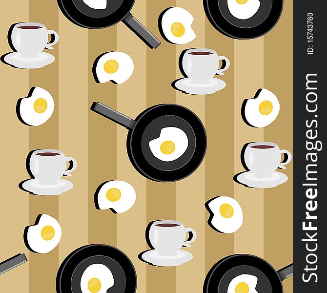 Seamless background with cups of coffee and fried eggs