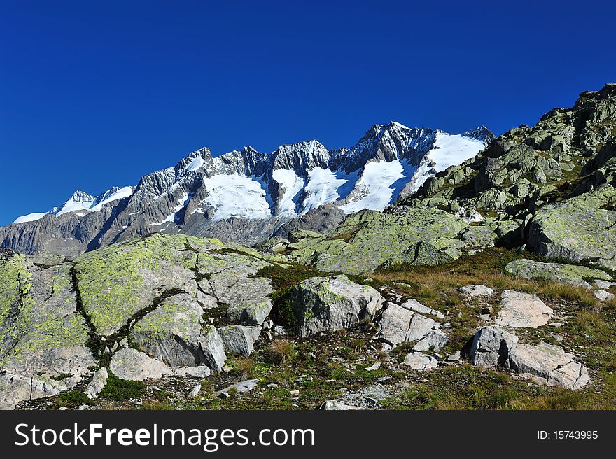 Summits of Wannenhorn in Valais, Switzerland, on a bright morning