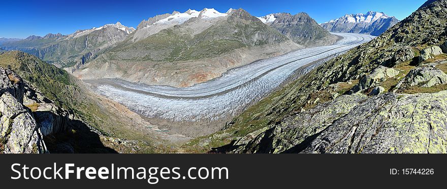 Panorama Of Aletsch Glacier And Summits Of Valais