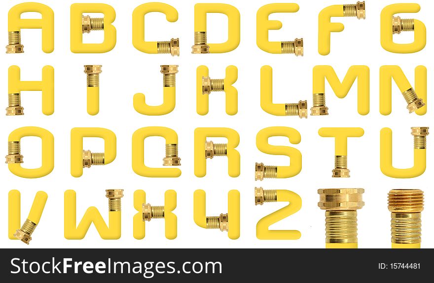 Yellow all capital alphabet created with high resolution photograph of yellow garden hose wall spigot attachment over white. Yellow all capital alphabet created with high resolution photograph of yellow garden hose wall spigot attachment over white.