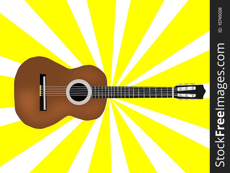 Classic brown guitar on yellow sunburst background.