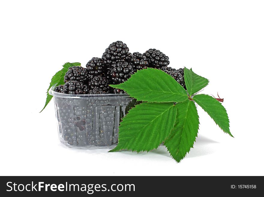 Fresh blackberries in plastic container on white background