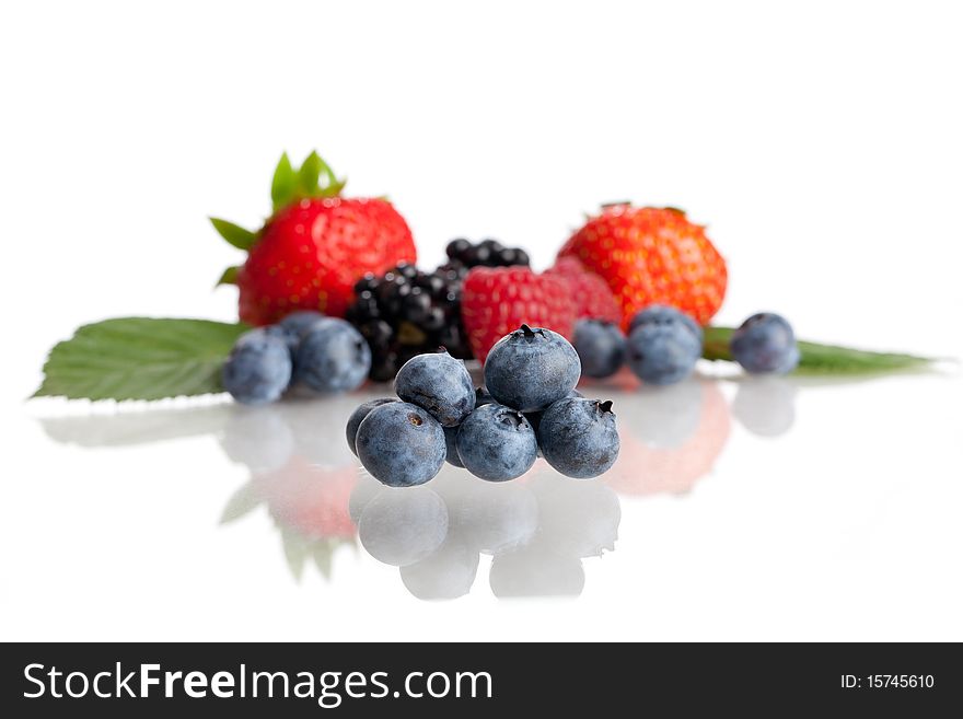 Some Berries on a white background - the focus is on the blueberries in the foreground. Some Berries on a white background - the focus is on the blueberries in the foreground