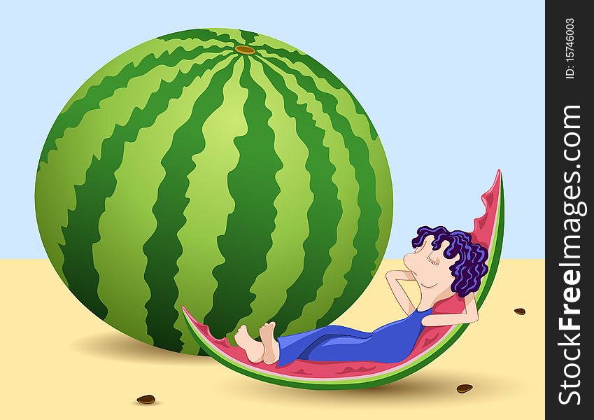 Boy and watermelon. Cartoon illustration.