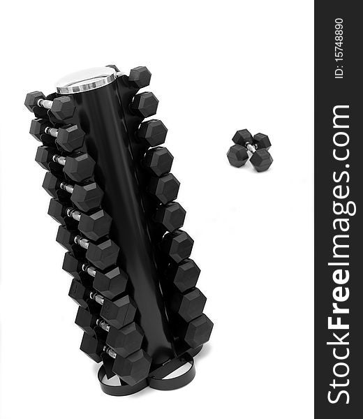 A dumbell rack with dumbells isolated against a white background