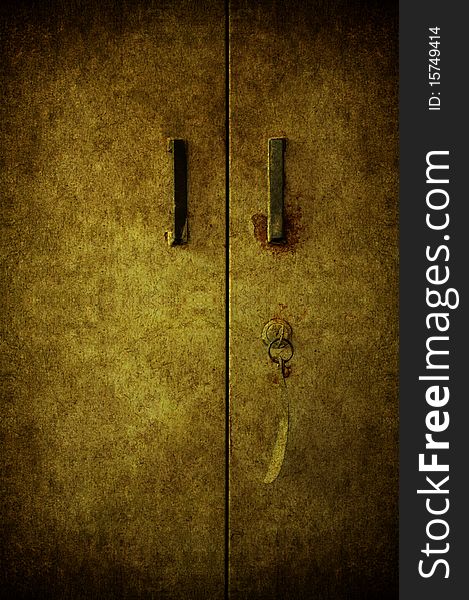 A grunge door closed with the key