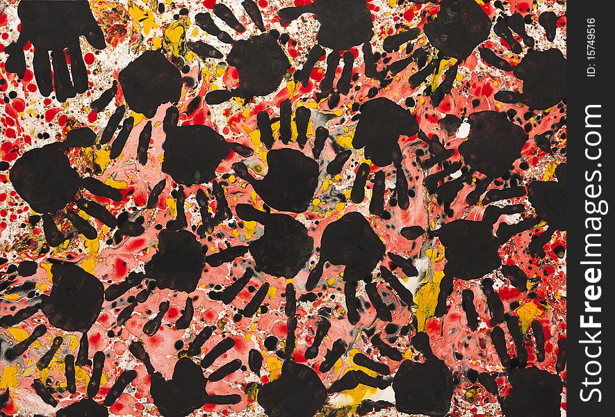 An abstract painting with hand prints the dominating theme. An abstract painting with hand prints the dominating theme