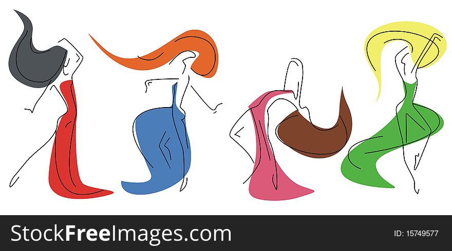 Four colored silhouette girls on a white background