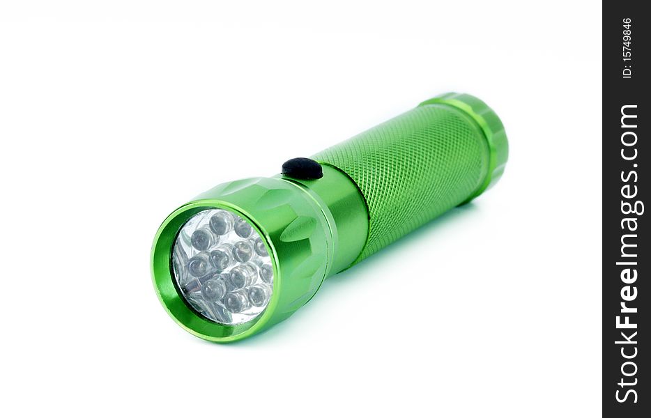 Green neon flashlight on white background