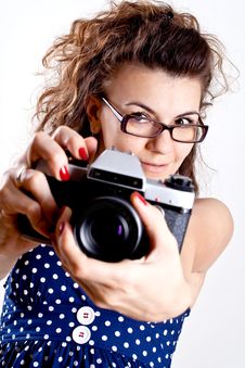 Beautiful Woman In A Blue Polka Dot Dress Royalty Free Stock Photography Beautiful Woman In A Blue Polka Dot Dress Royalty Free Stock Photography