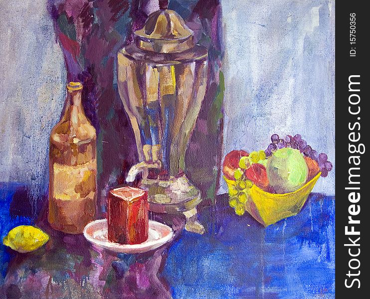 The still-life about a jug and fruit is drawn by oil on a canvas