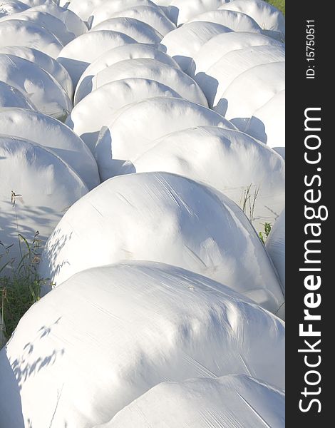 Hay balls in white plastic cover wrap bales stacked outdoor, for feeding animals in farms. Hay balls in white plastic cover wrap bales stacked outdoor, for feeding animals in farms