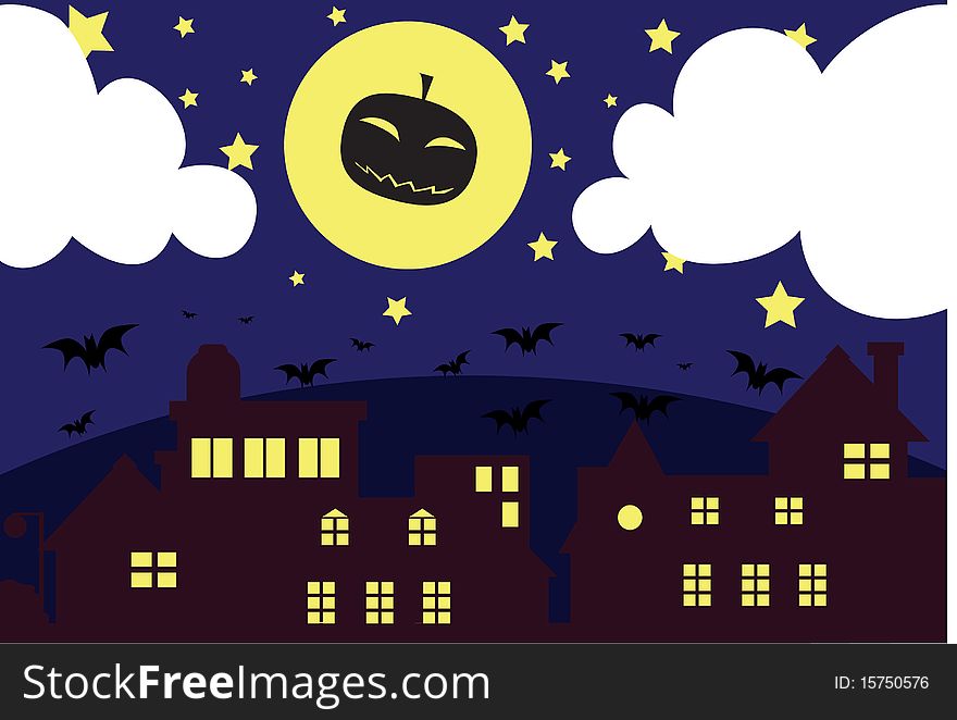 Image of a pumpkin ghost flies in the moon on Halloween night. Image of a pumpkin ghost flies in the moon on Halloween night.