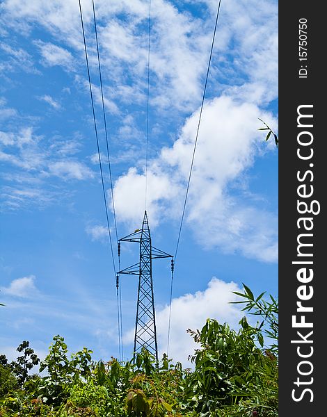 Electrical net of poles on a panorama of blue sky and green meadow. Electrical net of poles on a panorama of blue sky and green meadow
