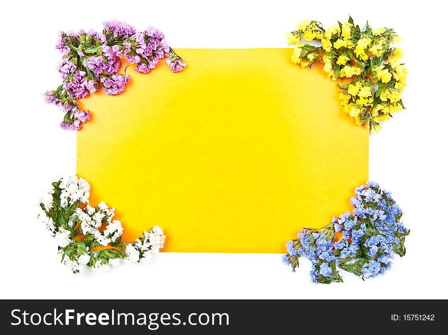 Yellow paper card with flowers isolated on white. Yellow paper card with flowers isolated on white