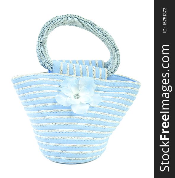 Blue textile bag with flower. Isoalted on white background. Blue textile bag with flower. Isoalted on white background