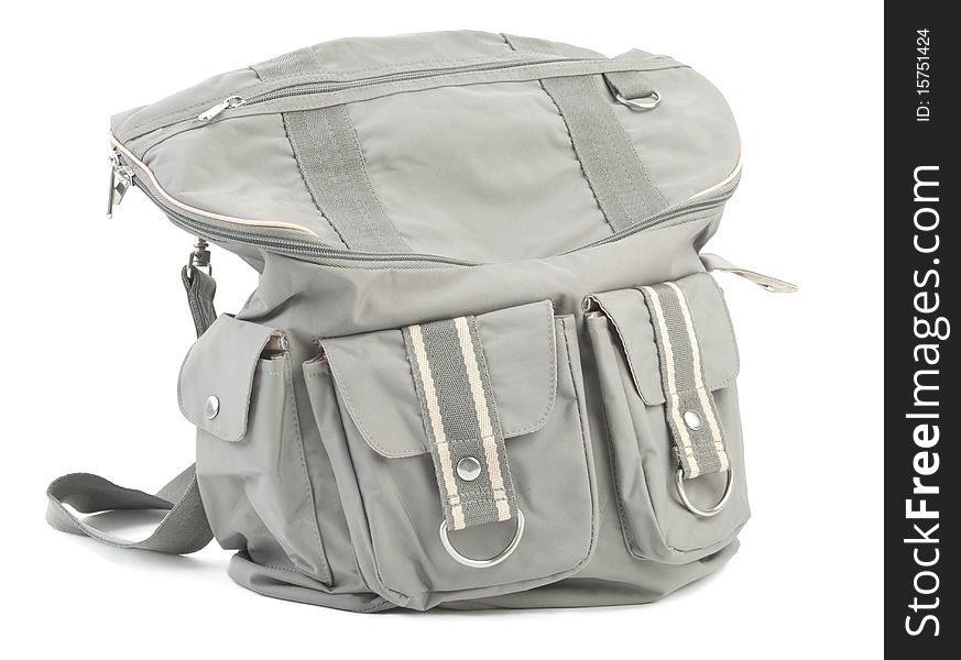 Grey nylon bagpack. Isolated white background. Grey nylon bagpack. Isolated white background