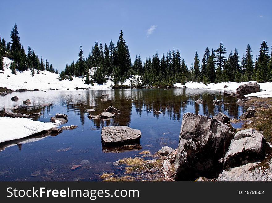 Alpine lake surrounded by snow