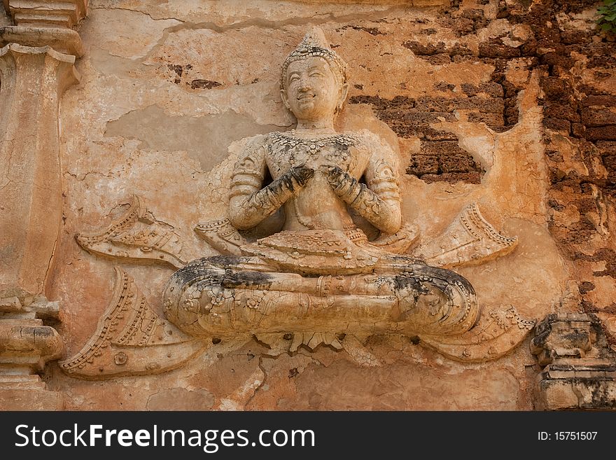 Budda statue on pagoda in jeadyod temple chiangmai thailand