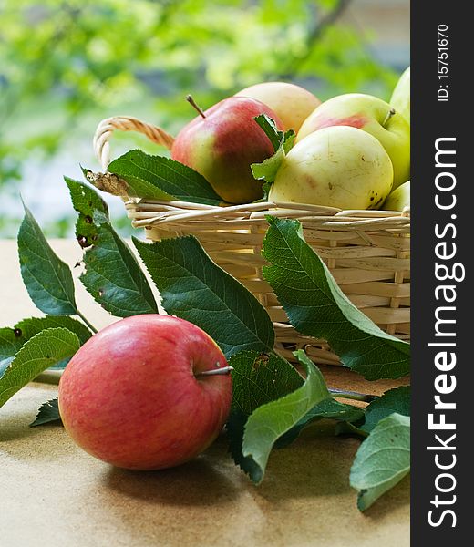 Fresh ripe apples in basket  on table