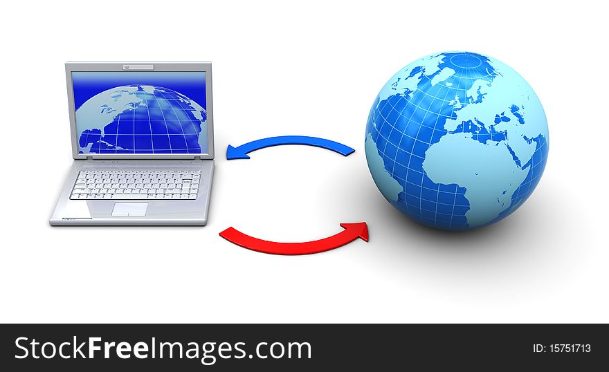 3d illustration of laptop computer and earth globe, internet concept