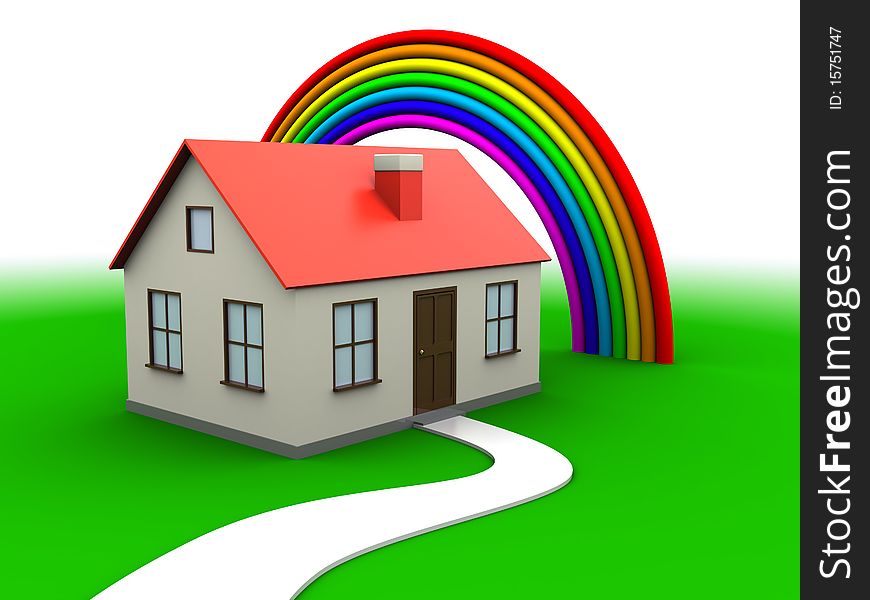 Abstract 3d illustration of house on green grass with rainbow. Abstract 3d illustration of house on green grass with rainbow