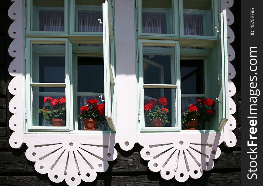 Window of building in village pustevny by architectDusan Jurkovic. Window of building in village pustevny by architectDusan Jurkovic