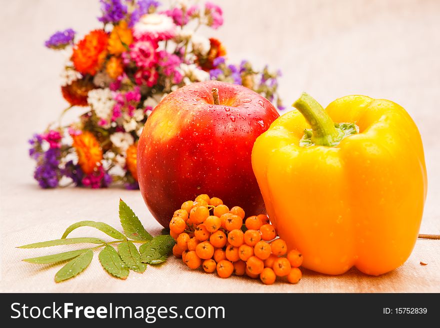 Autumnal harvest - fruit, vegetable, berries and flowers