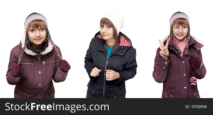 Collage beautiful young girl in winter to cloth on white background. Picture built from several pictures